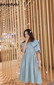 

Poungdudu maternity pregnant women dress large size maternity dress maternity dress doll collar Real shot spot maternity dress