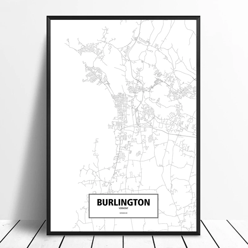 

BURLINGTON, VERMONT, UNITED STATES Black White Custom World City Map Posters Canvas Prints Nordic Style Wall Art Home Decor