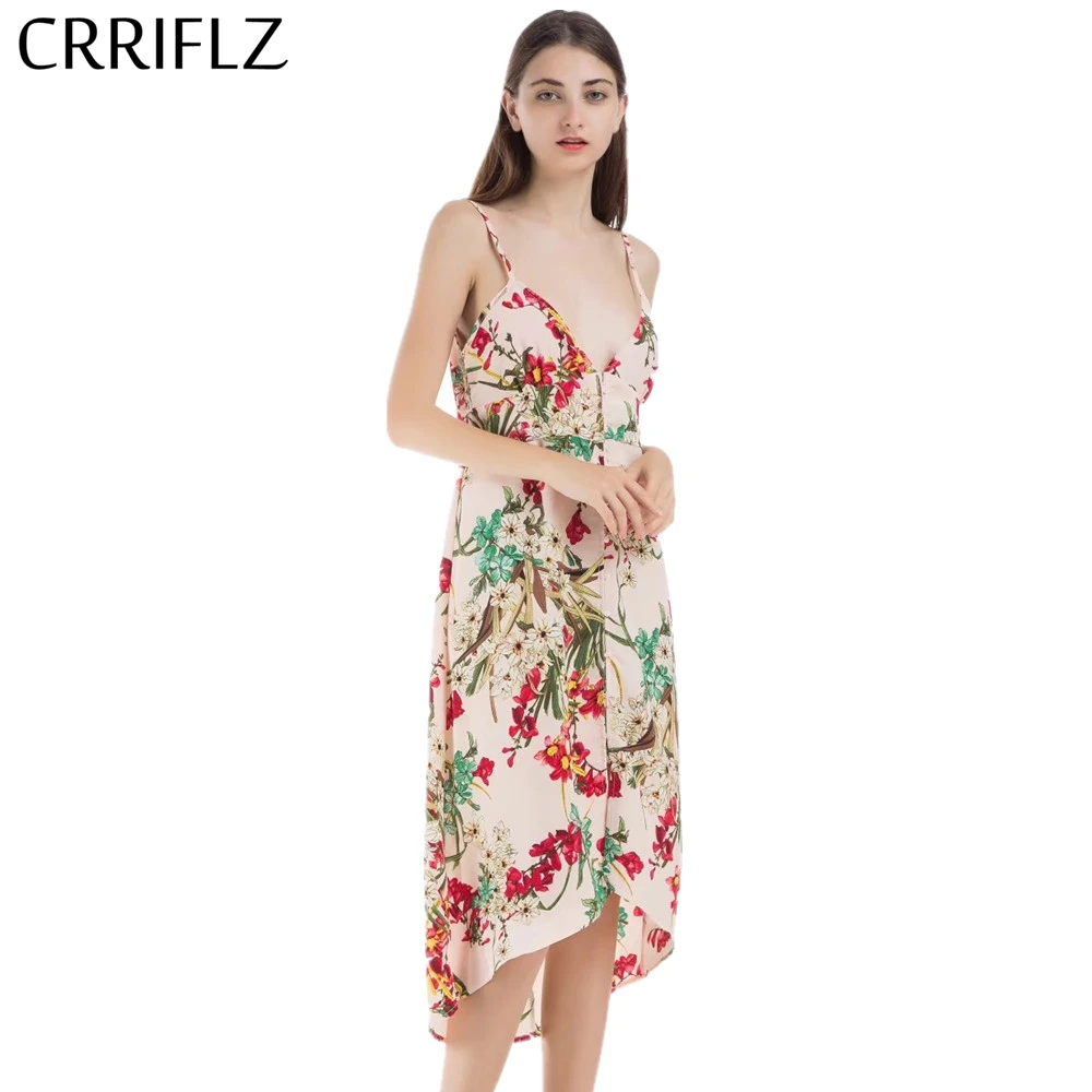 

CRRIFLZ Smocking High Waist Midi Dress Female Strap V Neck Summer Dress Women Floral Print Backless Casual Dress