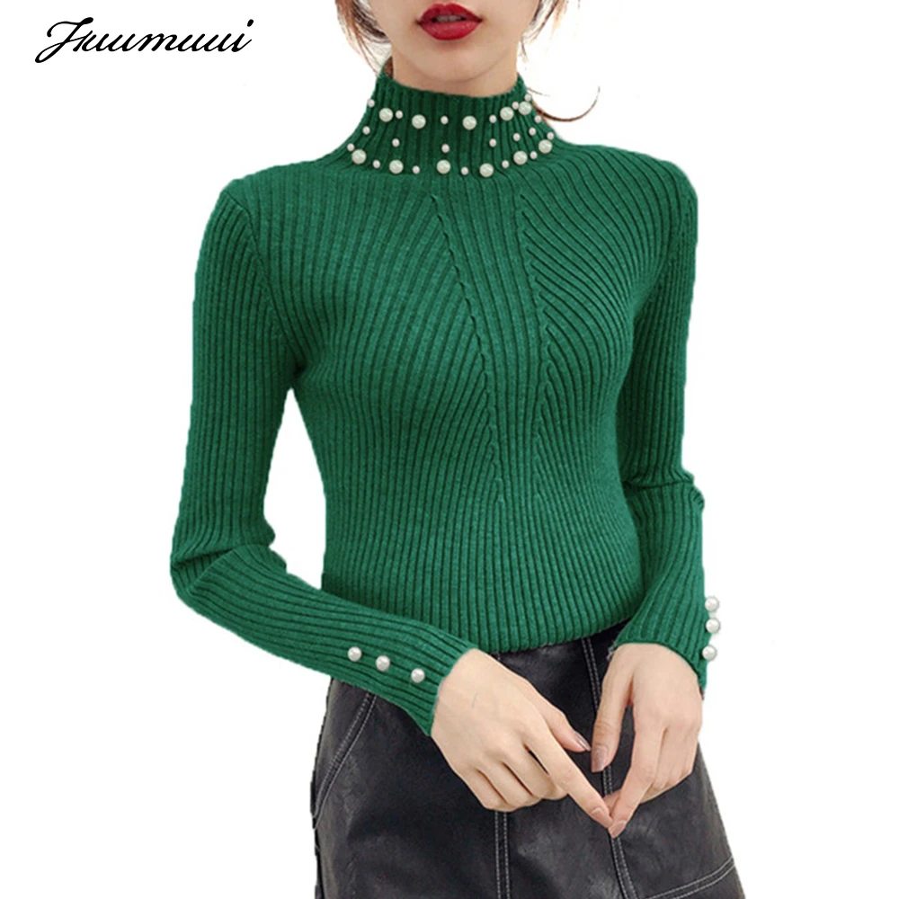 

Fuumuui Autumn and Winter Sweater Women Pearl Beaded Turtleneck Sweater O-Neck Long Sleeve Slim Women Knit Sweater and Pullover