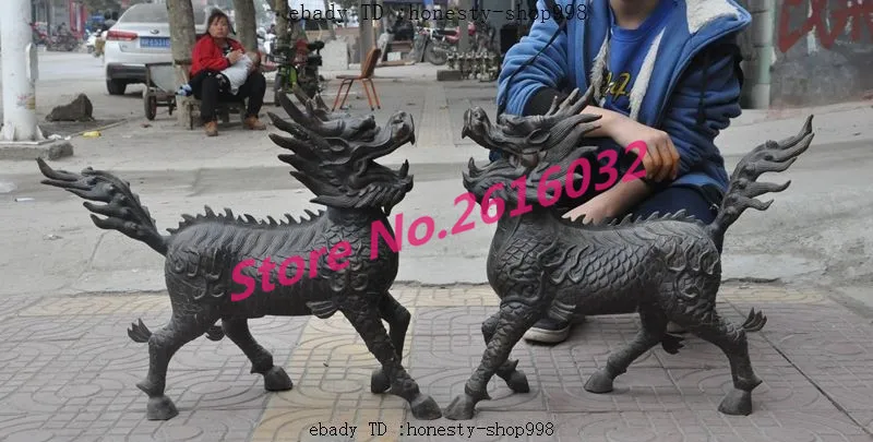 

wedding decoration Old Chinese Bronze Fengshui Dragon Kylin Unicorn Kirin Chi-Lin Beast Statue Pair Christmas