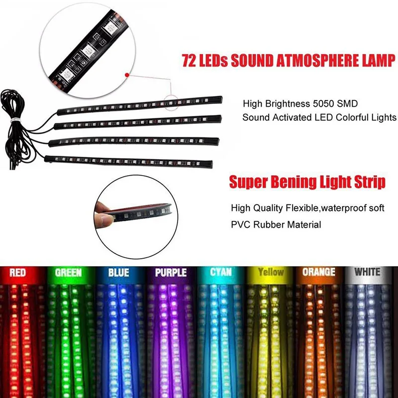 4pcs/set 18LED RGB Car Interior Neon Atmosphere Strip Light Sound Remote Control