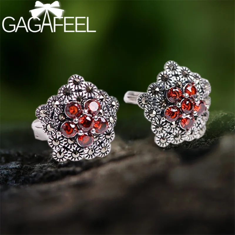 Черные/серьги с красным Цирконом 925 пробы серебряные серьги-гвоздики для женщин Роскошные марказитовые ювелирные изделия дамские подарки