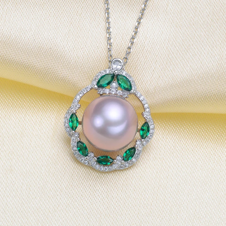 

Luxury Pearl Pendant Chain Settings S925 Sterling Silver Pearl Pendant Necklace Accessory With Green Rhinestones 2Pieces/Lot