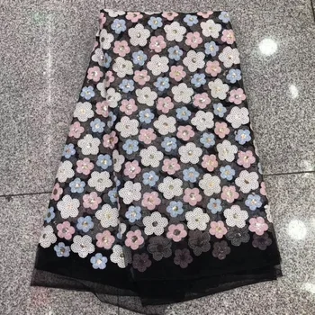 

2018 High Quality Nigerian French Lace African Lace Fabric Black Flower Sequined Guipure Mesh Lace For Party Dresses India Tissu