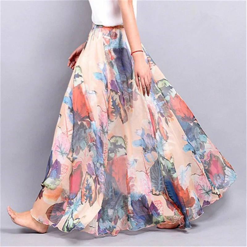 

Elegant Bohemian Maxi Skirts High Waist Summer 2019 Women Long Skirt Chiffon Saia Beach Tutu Casual Vestidos Harajuku Print