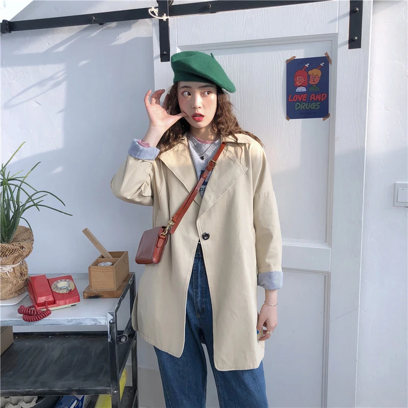 

2019 spring new Korean version loose thin Medium length single-breasted jacket women's casual simple wild jacket female l42