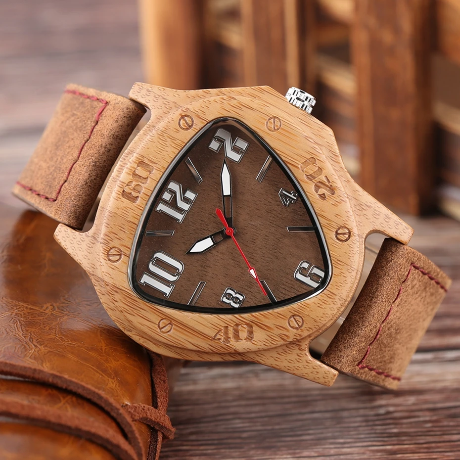 Mens Wooden Watch Creative Inverted Geometric Triangle Shaped Big Numbers Dial Quartz Clock Male Genuine Leather Reloj de madera 2017 Christmas Gifts (9)