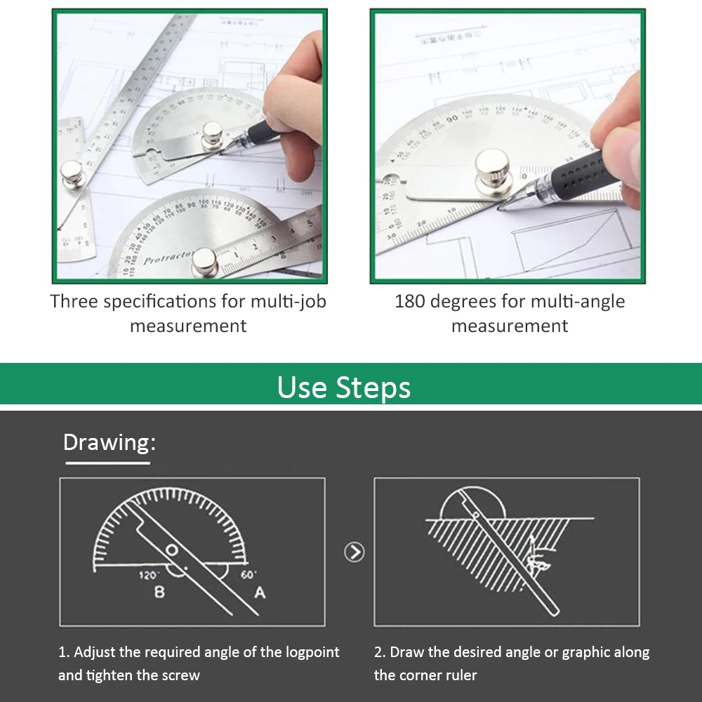 Нержавеющая сталь protraktor180 градусов мульти угловая линейка роторная деревообрабатывающая линейка, измерительный инструмент для рисования