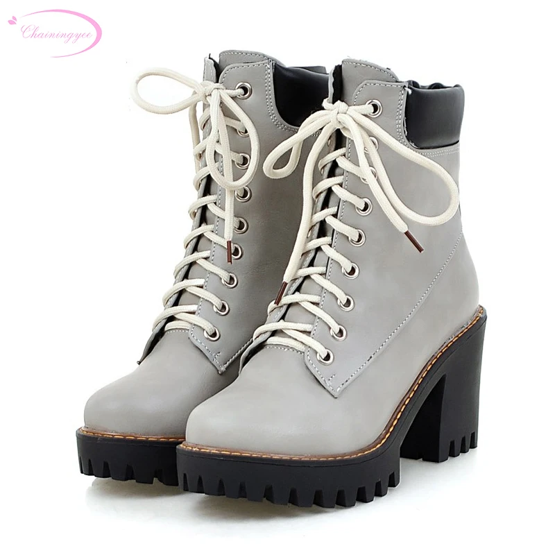 

Chainingyee college style ankle boots lace up color matching platform beige yellow gray black high-heeled women's riding boots
