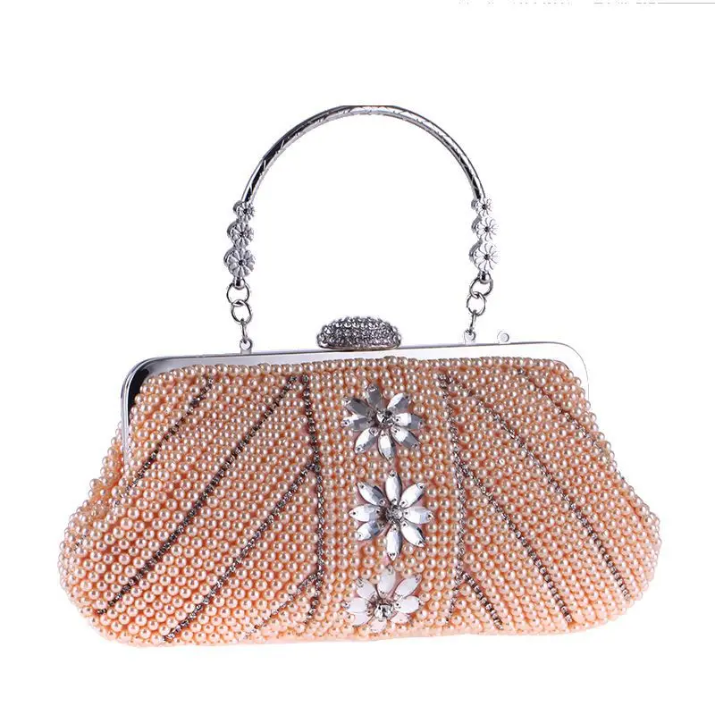 

2018 New Fashion Pearl Beading Evening Clutch For Women Floral Female Handbag Metal Handle Crystal Hasp Handmade Party Bag Flap