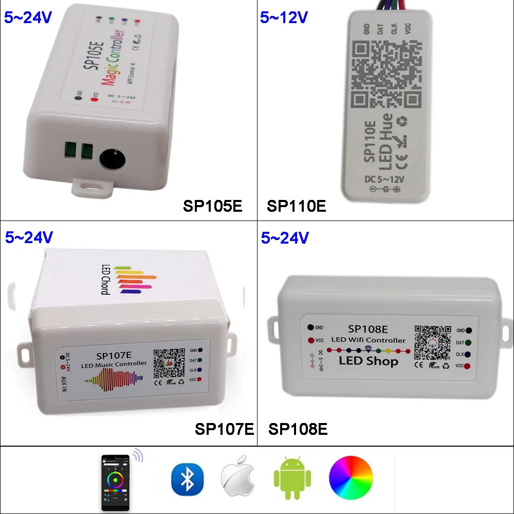 

SP108E wifi WS2811 WS2812B Led Music Controller SP107E SK6812 SP105E Bluetooth APA102 SP110E WS2801 Pixels Led Strip DC5-24V