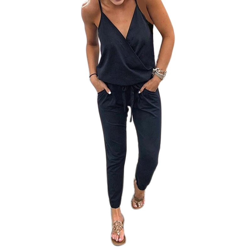 Summer Sexy Backless Jumpsuits Women Strap Party Clubwear Jumpsuits Lace-Up Slim Overalls Jumpsuit With Pocket Red Blue Black