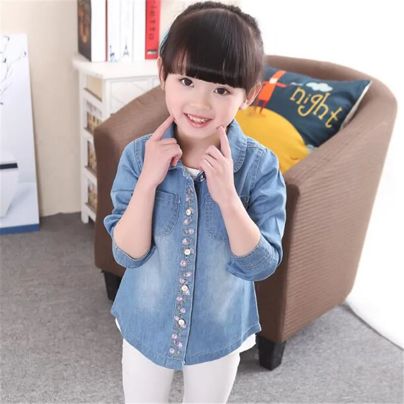 Weoneit Kids Girls Shirts Spring Autumn Children Embroidery Floral Denim Blue Shirt Long Sleeve Blouses Kids Girls Clothes