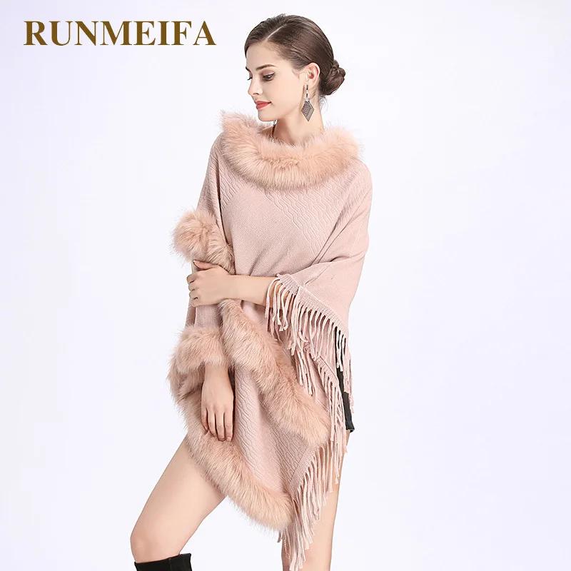RUNMEIFA 2018 женские меховые шали с кисточкой свитер шаль пончо из искусственного
