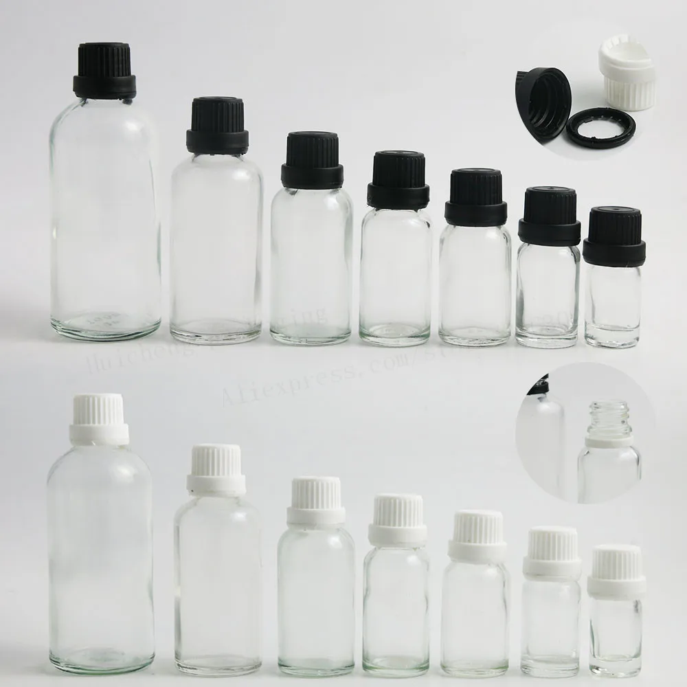 

Transparent Glass Essential Oil Container With white Black Tamper Evident Cap PE Reducer 5ml 10ml 15ml 20ml 50ml 100ml 200pcs