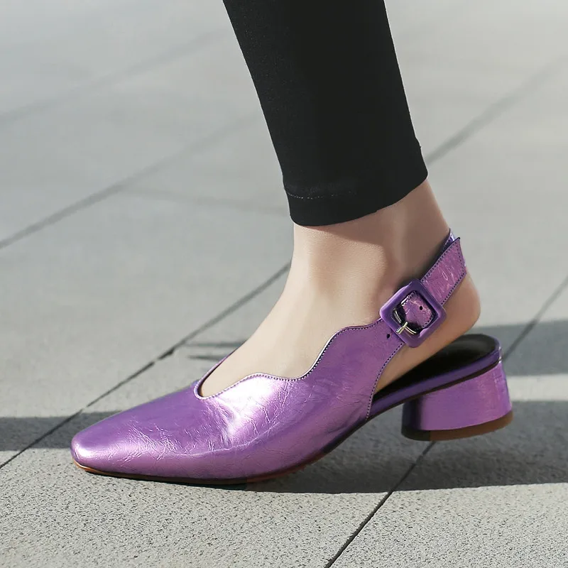 

YMECHIC Summer 2019 Good Quality Bling Material Round Medium High Heels Pumps Women Gray Purple Party Slingbacks Shoes Plus Size