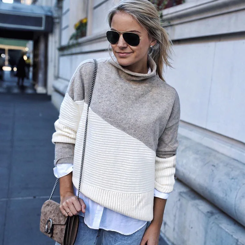 Fashion Sweaters for Women 2018 Autumn Winter Patchwork Sweater and Pullover Turtleneck Long Sleeve Ladies Tops | Женская одежда