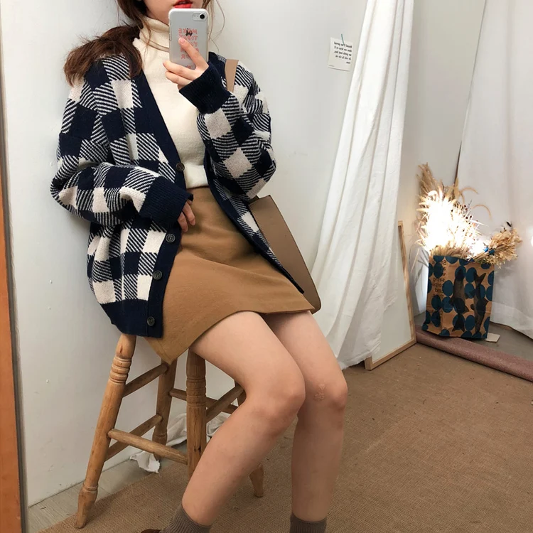 Шикарный осенний женский кардиган свитер винтажный клетчатый корейский женский Повседневный модный однобортный T97317D