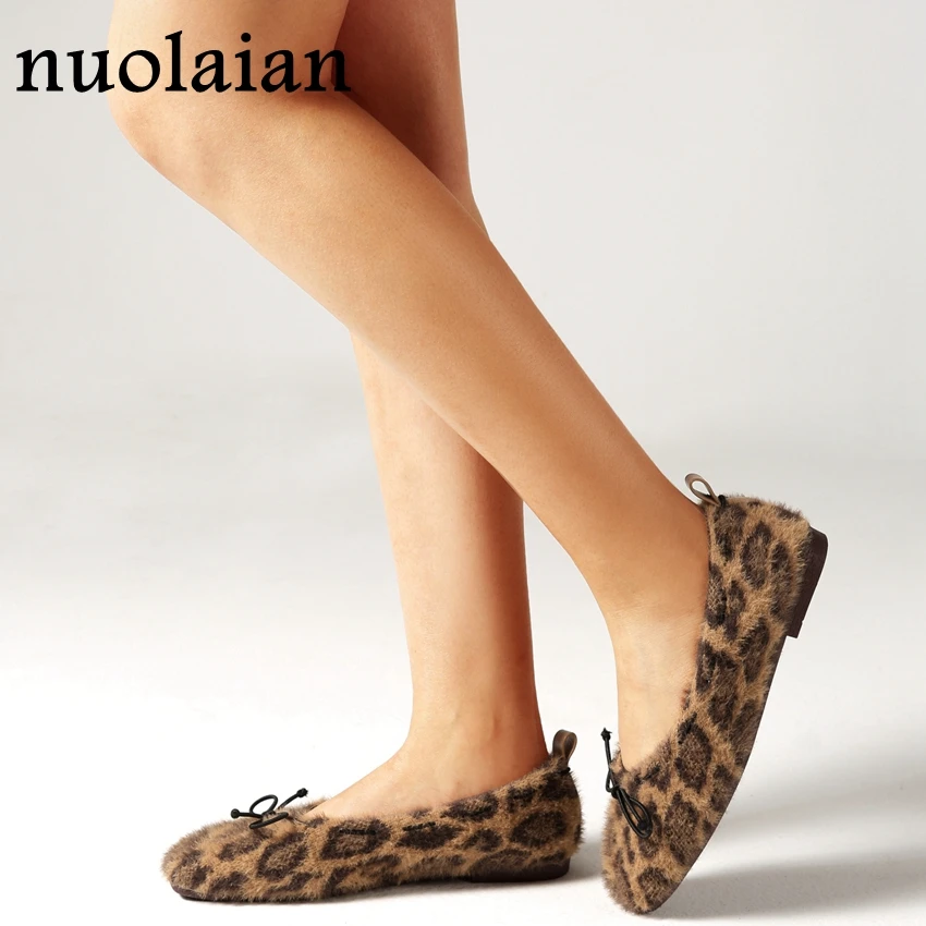 

Women Faux Fur Leopard Flat Shoes Casual Spring Shoes Summer Shoe Woman Party Sandals Horsehair Flats Slip On Big Size Shoes