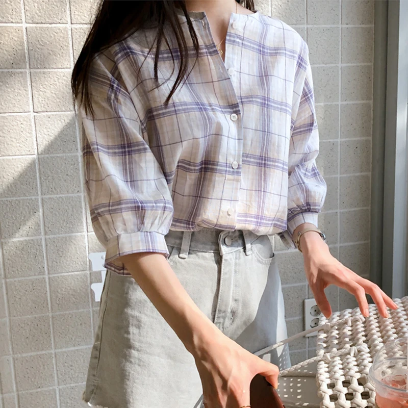 shintimes Short Sleeve Plaid Shirt Women Blouse 2019 New Casual Woman Blouses Cotton Button Korean Fashion Clothing Womens Tops