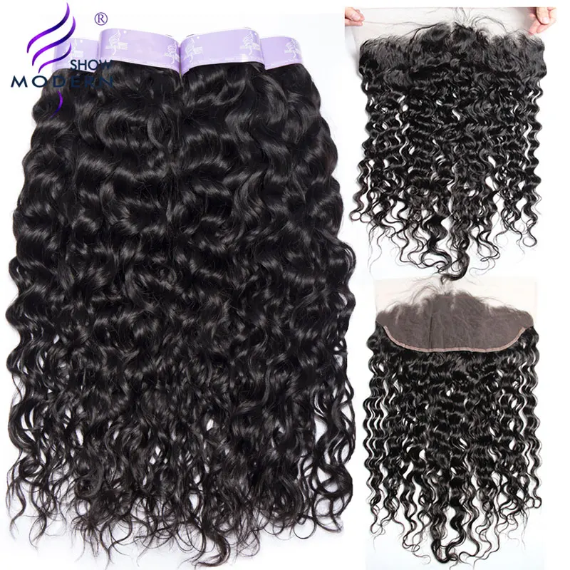 Water Wave Human Hair 3 Bundles With Closure Modern Show Lace