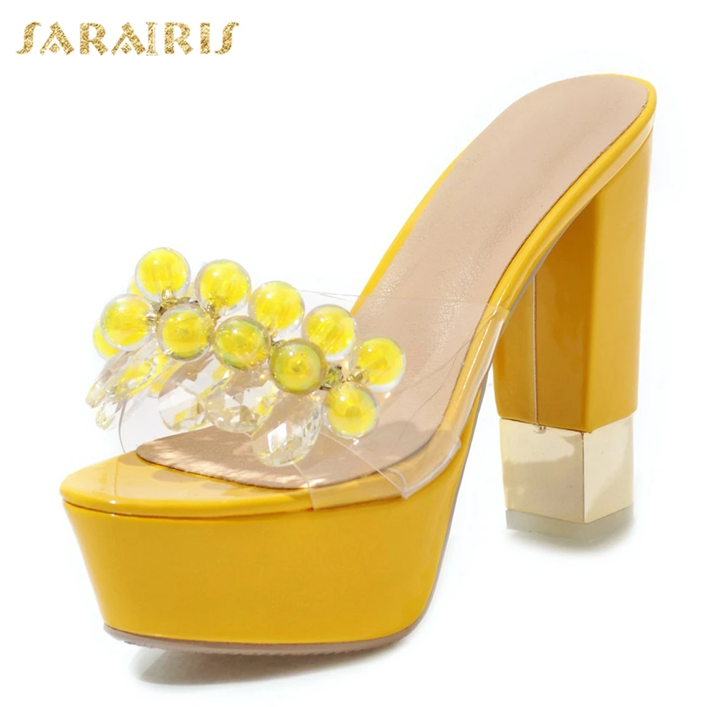 

Sarairis New Sweet Crystal Pearl Decoration Mules Slippers Woman High Heels Platform Slippers Woman Shoes Woman Size 32-43