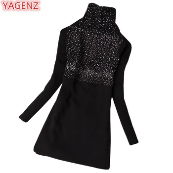 

YAGENZ Autumn Winter Women Plus Velvet T-shirt Large size High collar Inlaid drill Long sleeves Women T shirt Warm Long Tops 757