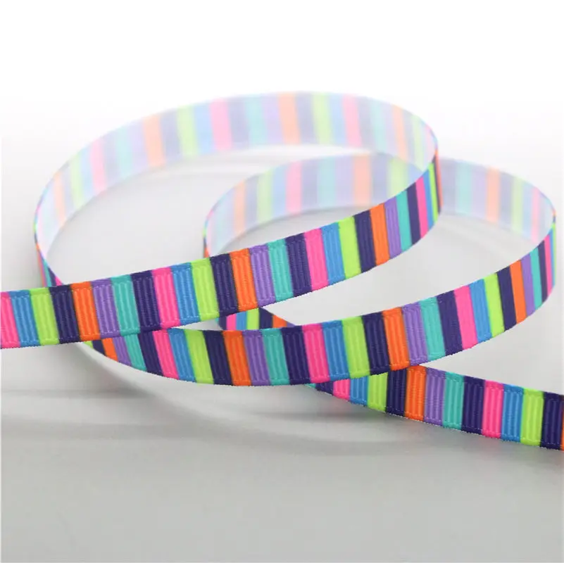 DUWES 3/8 ''50 ярдов цвета в полоску плед Печатный Grosgrain ленточный аксессуар hairbow головной убор DIY украшения OEM 9 мм D1086 - Цвет: 3