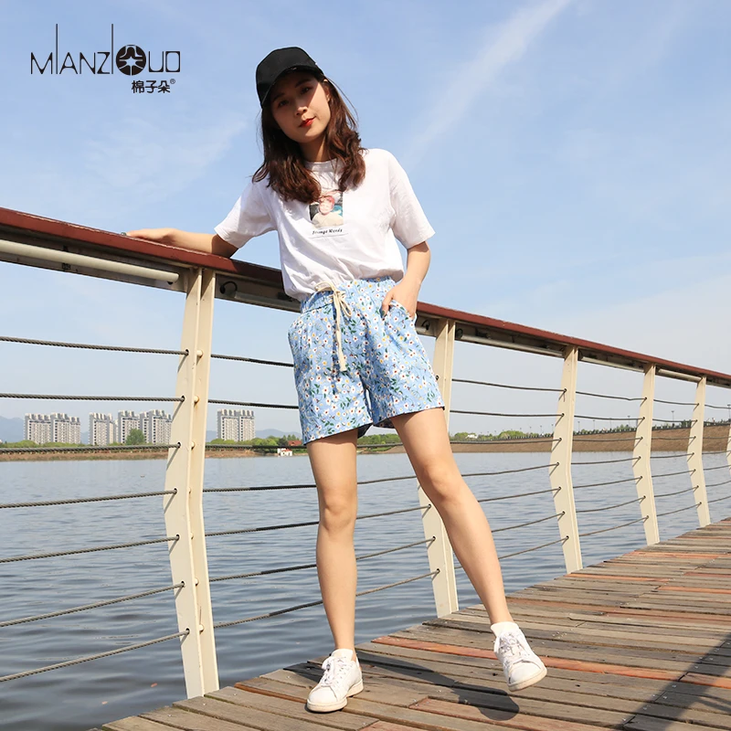 

2019 New Summer Woman Shorts Casual And High Elastic Cotton Beach Style Shorts With Belt Flowerprint Plus Size For Freeshipping