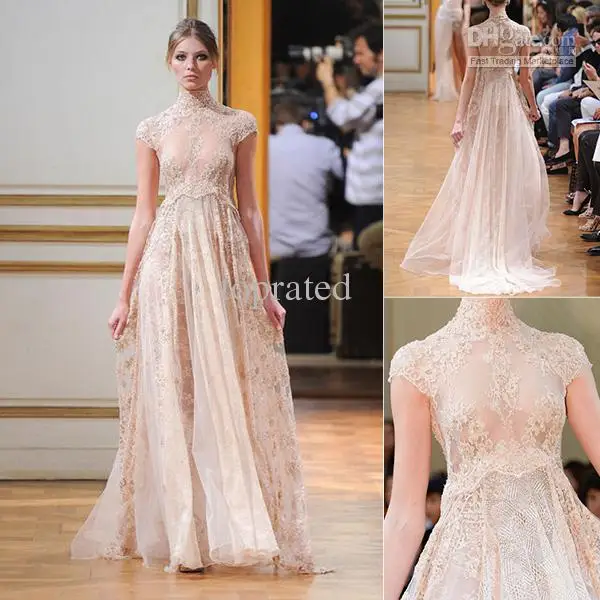 New 2017 Zuhair Murad Empire Champagne Lace Wedding Dresses High New 2017 Zuhair Murad Empire Champagne Lace Wedding Dresses High Neck See Through Short Sleeve Beach