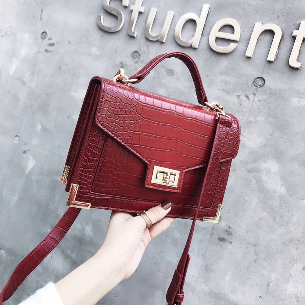 

Retro Fashion Female Square Bag 2019 PU Leather Women Bag Alligator Square Handbags Tote Bag Lock Shoulder Messenger Bags