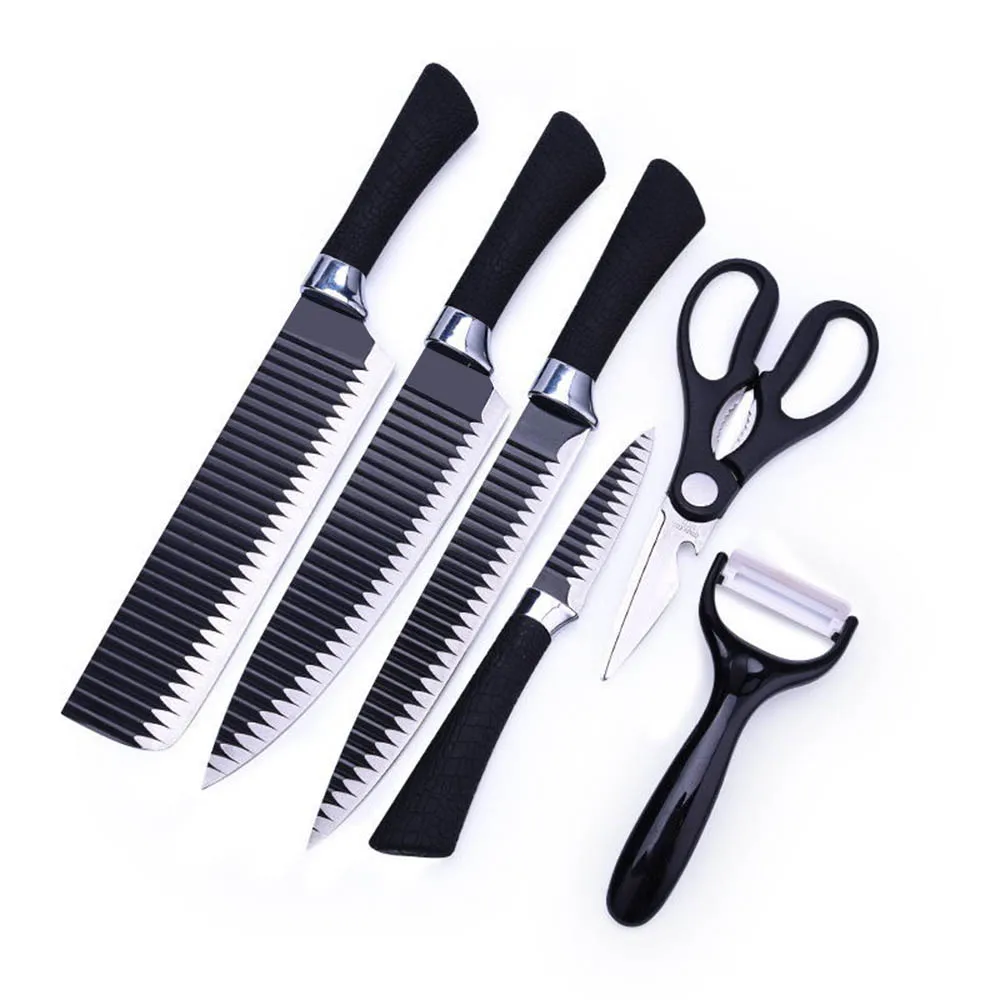 

6pcs Stainless Steel Kitchen Knife Chef Steak Carving Fruit Scissors Pizza Knife Peeler tools Vegs Bread Meat Non-Stick Blade