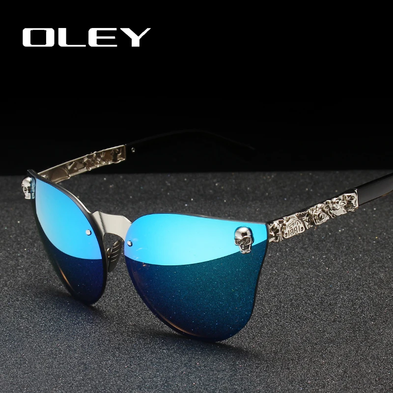 

OLEY Luxury Brand Fashion Women Gothic Mirror Eyewear Skull Frame Metal Temple Oculos de sol With Accessories Y7001
