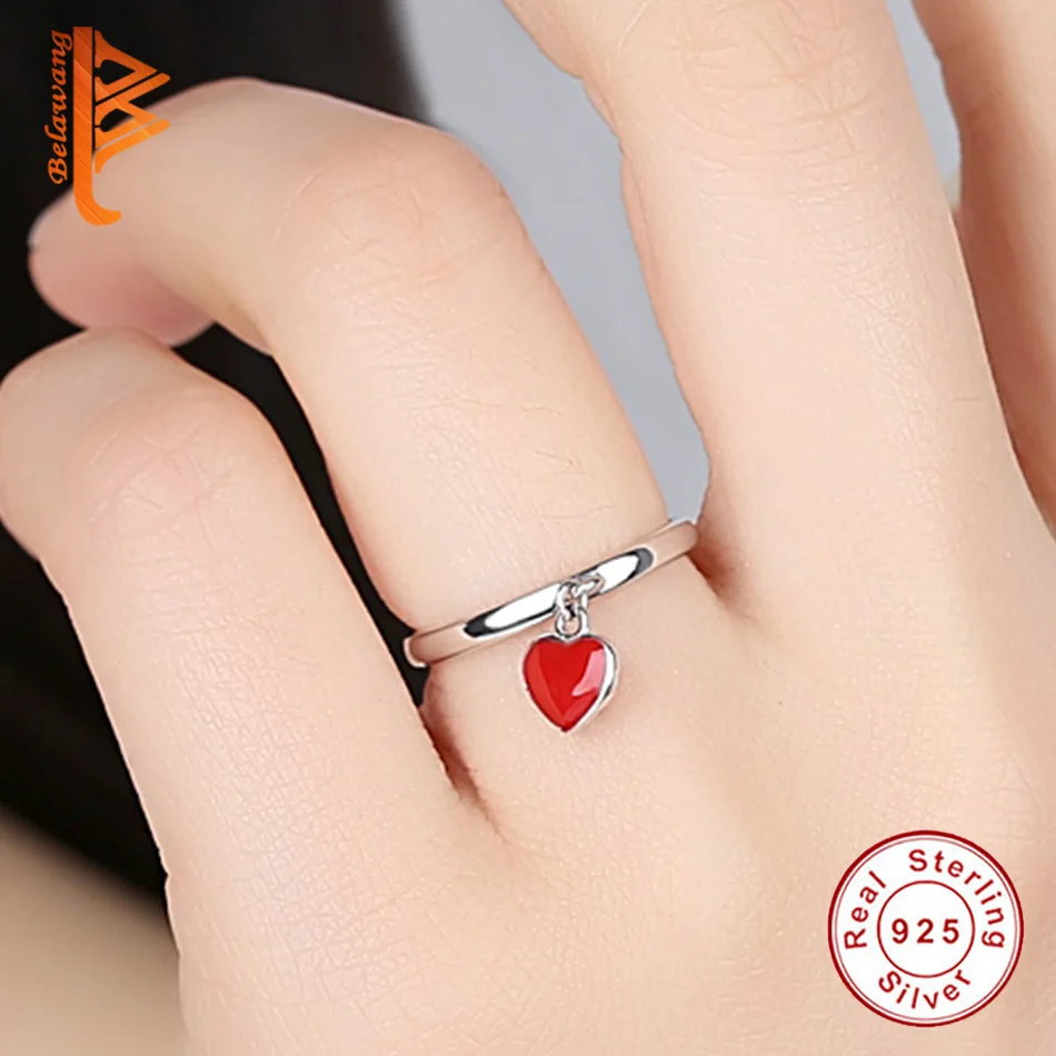BELAWANG 925 Sterling Silver Red Enamel Pendant Heart Rings for Women Silver Open Ring Engagement Wedding Fashion Jewelry