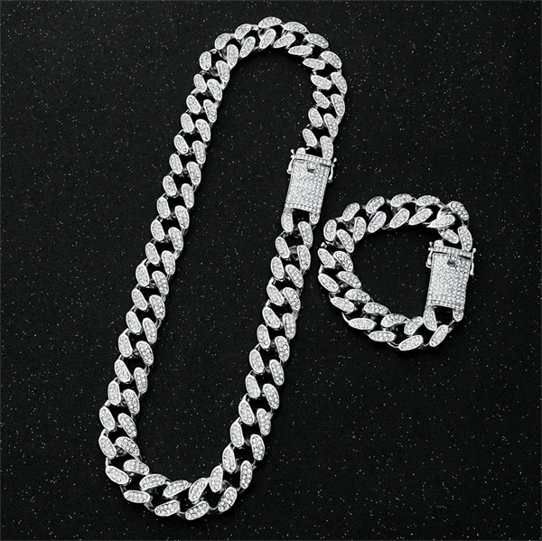 20mm Heavy Hip Hop Iced Out Miami Cuban Link Chain for Mens Bling Full Crystal Rhinestone Gold Silver Necklace Jewelry Bracelets - Окраска металла: SilverNecklcebracelt