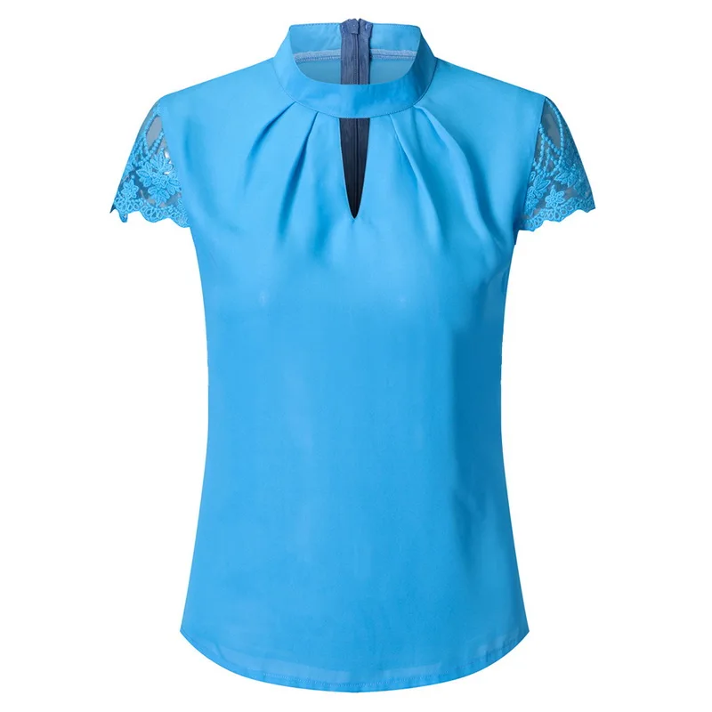 Laamei, сексуальные кружевные блузки, женские открытые топы, Женские однотонные повседневные офисные рубашки размера плюс, блузы с v-образным вырезом, уличная одежда, футболки - Цвет: Blue-Style 1