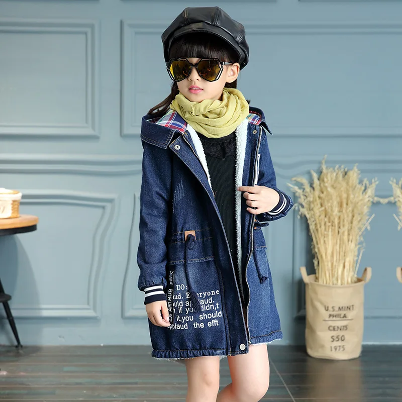 Зимнее теплое пальто с капюшоном для девочек, детская синяя джинсовая куртка для девочек 3, 4, 6, 8, 10, 12 лет, детская одежда для девочек, RKC186004