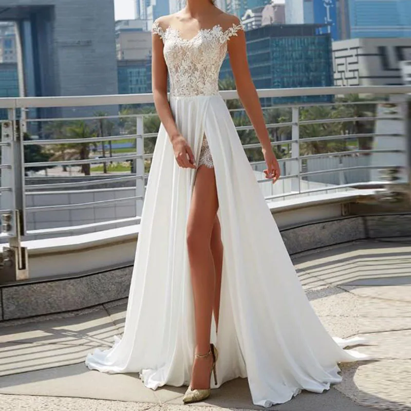 

Beach Wedding Dresses 2019 Robe Mariage Vintage Lace Top Elegant Women Ivory Bridal Dress Side Split Boho Wedding Gown