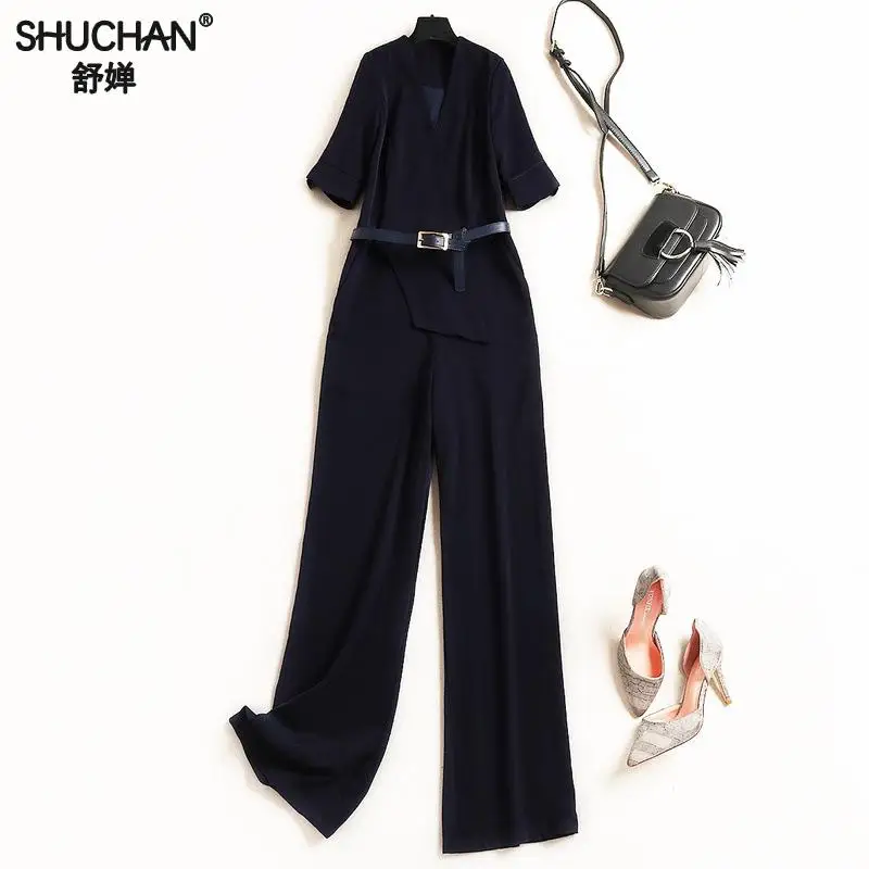 

Shuchan 2019 Jumpsuits With Short Sleeve Women Rompers Deep V neck bodysuit Sashes Office Lady fashion high quality 50304