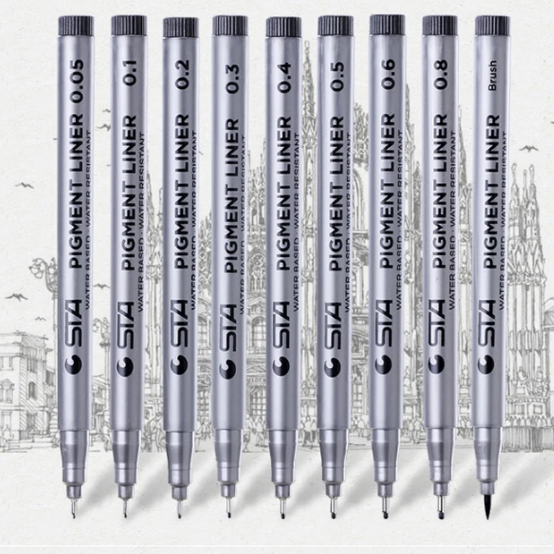 

STA 9pcs/Lot Fineliner Pens Pigma Micron Water Based Black Ink Liner Pen Drawing Sketch Marker Dessin Art Supplies Fine Markers
