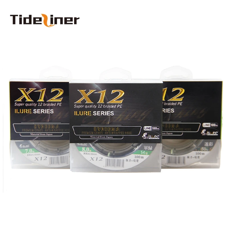 

Tideliner braided PE fishing line 12 strands Super strong Test 11.6-66kg 100m Braided Wire Technology Multifilament PE Line