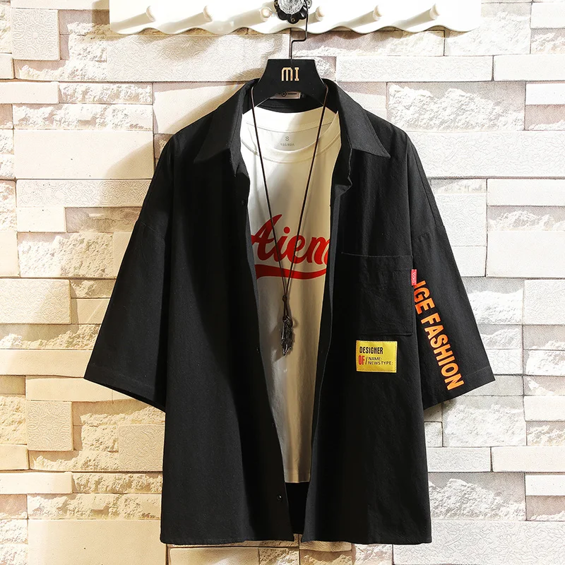 Повседневные свободные мужские рубашки с длинным рукавом черные негабаритные летние винтажные мужские модные рубашки Корейская Повседневная Блузка мужская одежда T6V12
