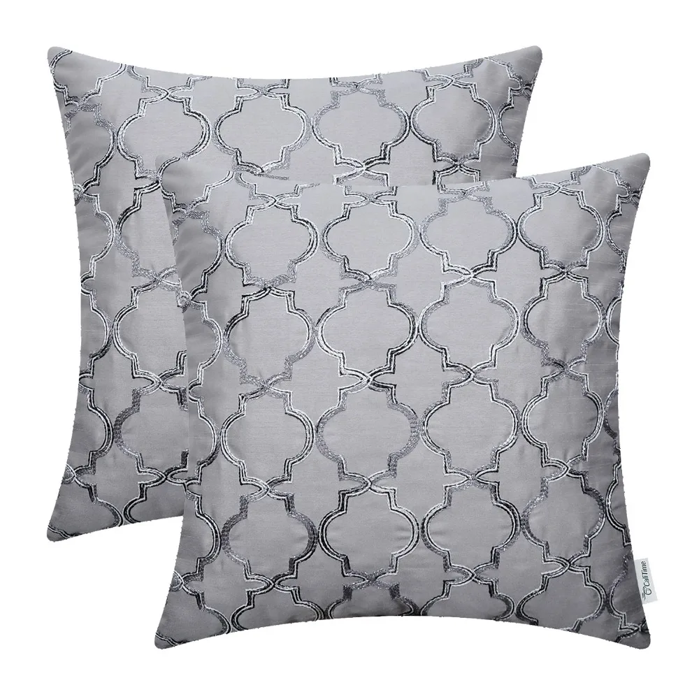 

2PCS CaliTime Faux Silk Throw Pillow Covers Cases for Home Couch Gradient Quatrefoil Accent Geometric Chain 18"X18" Gray