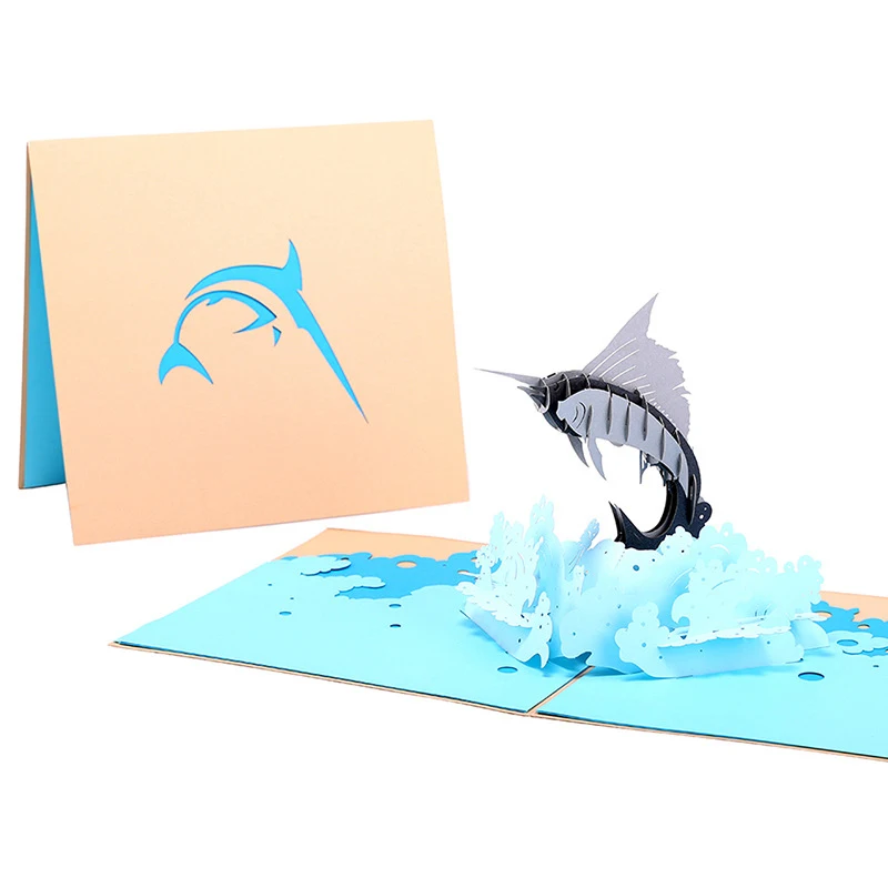 

3D Laser Cut Handmade Leaped Out of The Sea Sailfish Paper Invitation Greeting Cards + Envelope Kids Girlfriend Birthday Gift