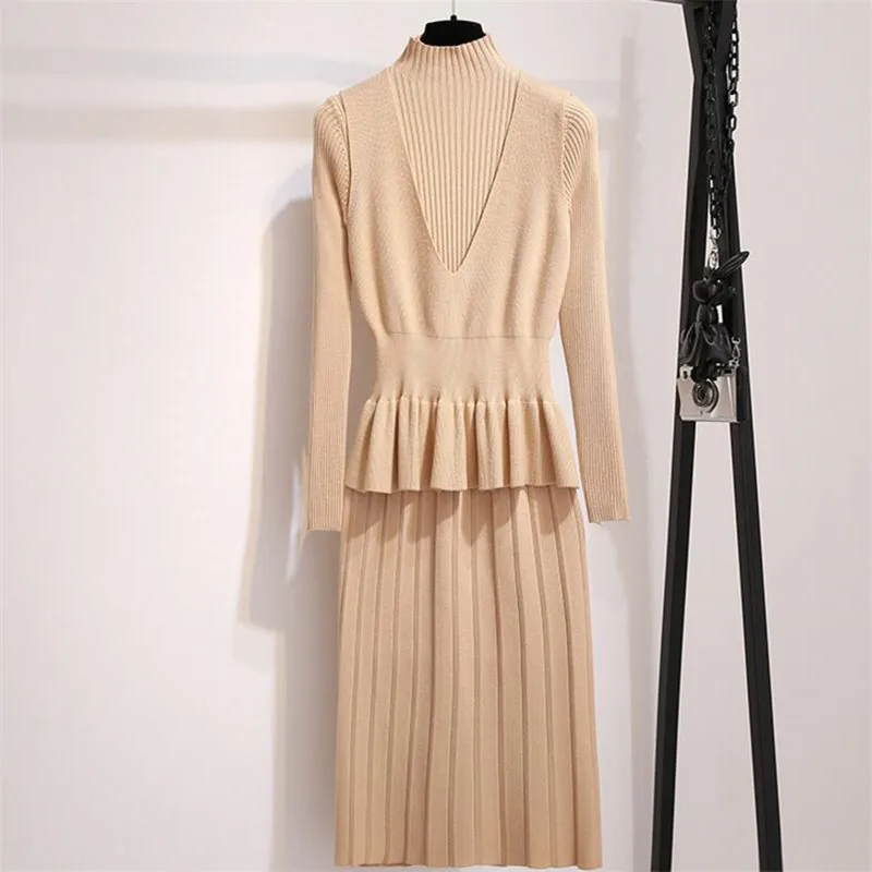 Средний и длинный, из двух частей, вязаное, тонкое платье, женское, весна,, тонкий, модный костюм, облегающая юбка, 2 комплекта
