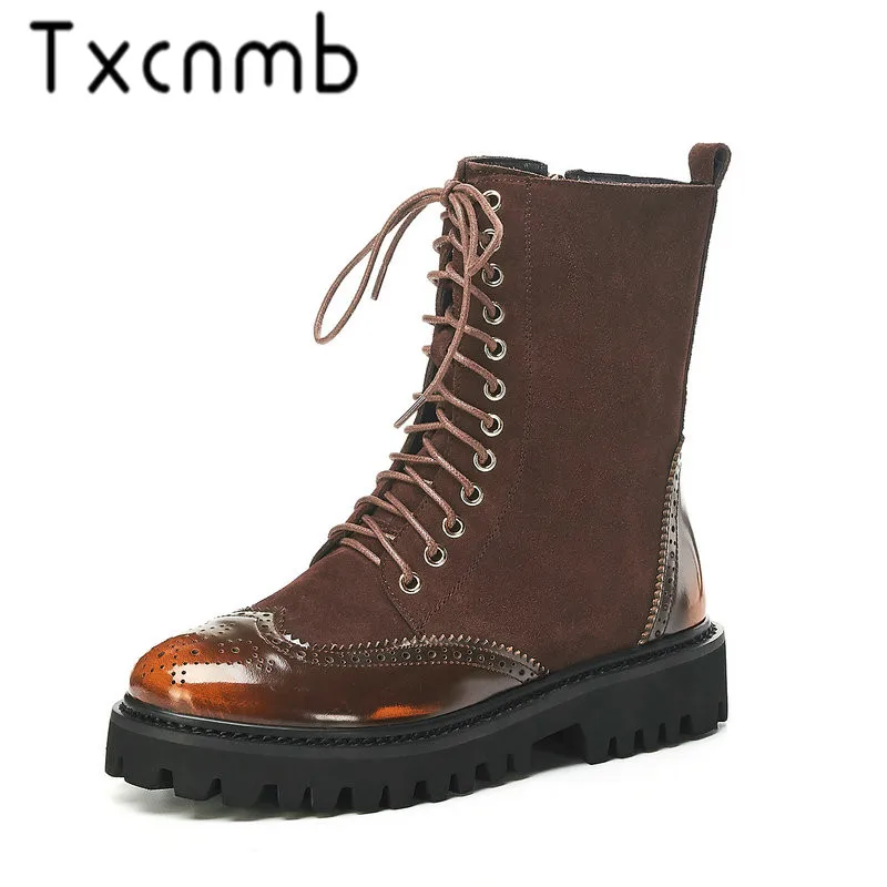 

TXCNMB Genuine Leather Ankle Boots Women Square Heel Winter Shoes Woman 2019 Fashion Zipper Riding Boots