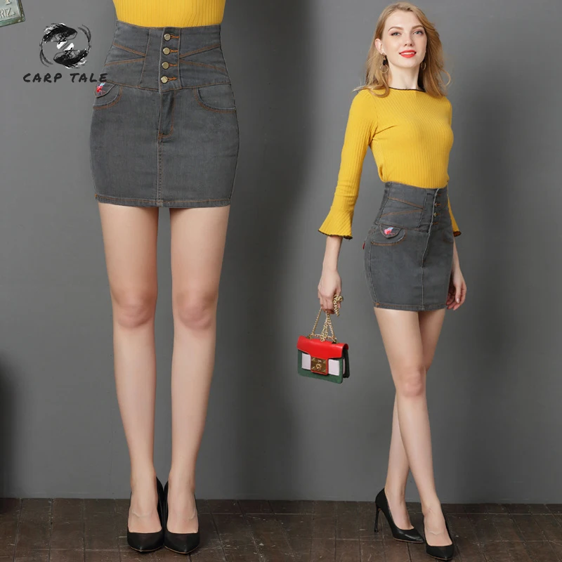 

CARP TALE Autumn Mini Skirts Casual Skirts For Women Plain Black With Pockets Above Knee Denim Skirt Streetwear Punk Skirt