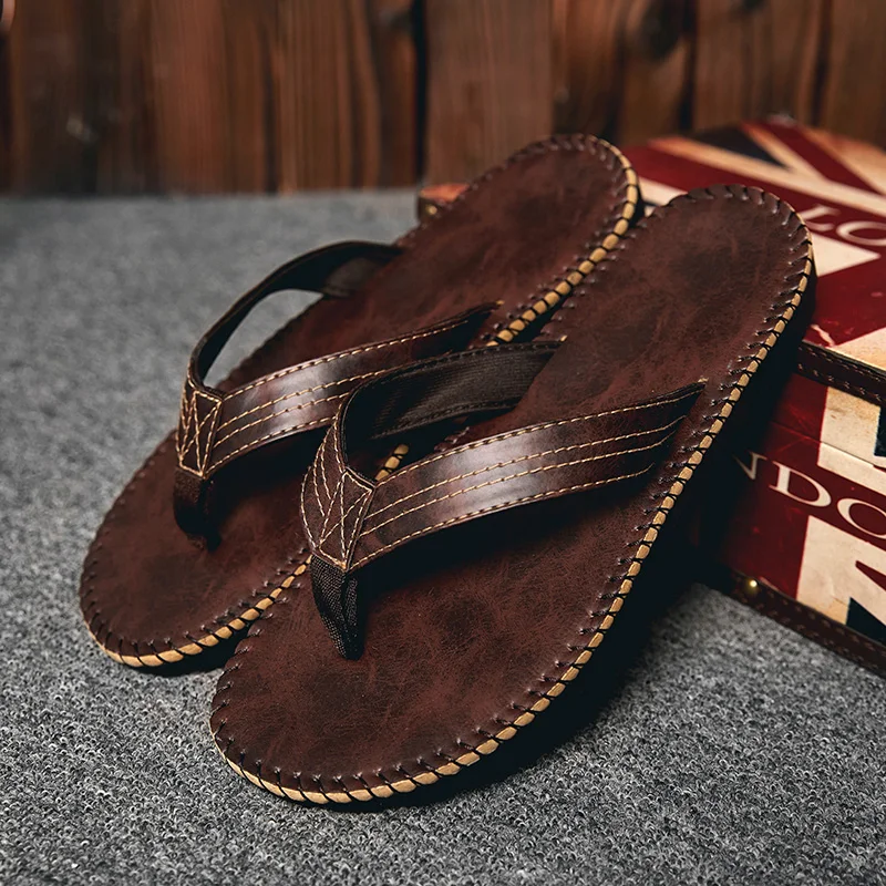 

Brand Men Home Slippers Fashion Men Flip Flops Beach Shoe Khaki BrownPu Leather Man Soft Slippers Handmade Summer Flip Flops Men
