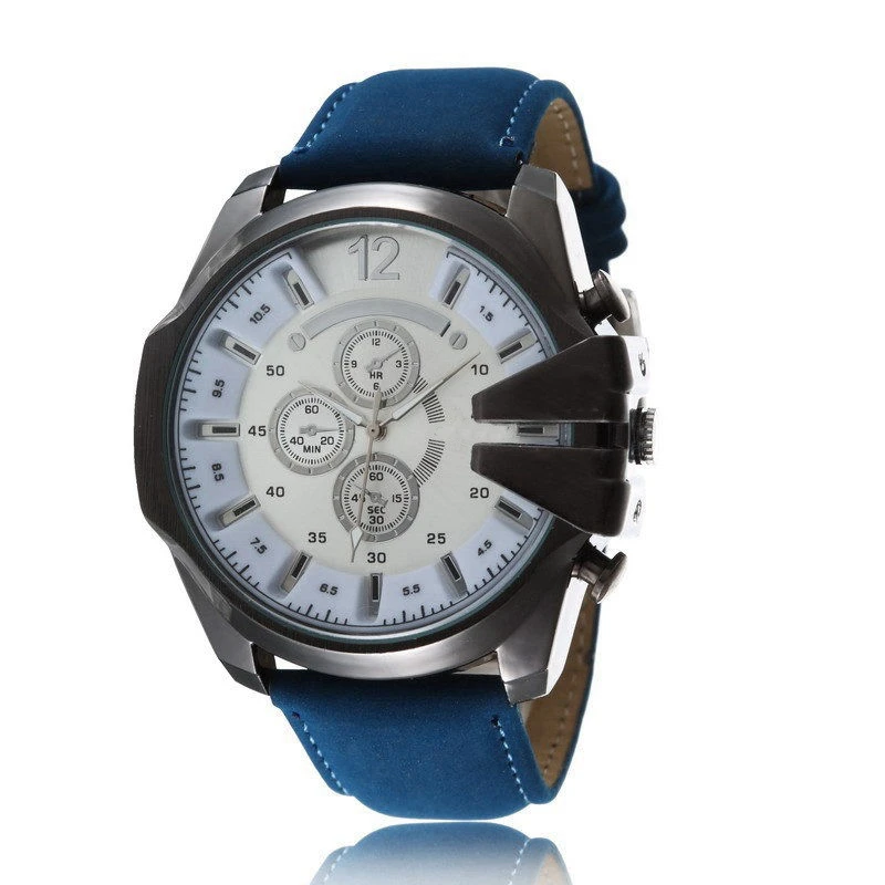 

2019 New Male Motion Quartz Watch Run Second 3 Eyes Genuine Leather Blue Strap Military Time Wrist Watch black gold